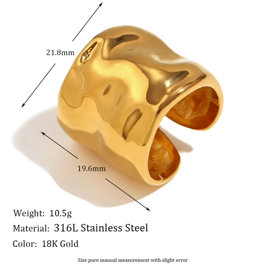 Fashion Niche Stripe Round Circle Geometric Stainless Steel 18K Gold Plated Rings Wave Pattern Open Wide Face Ring - Gold