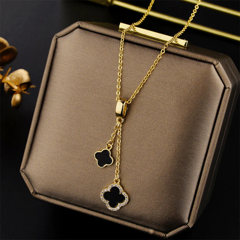 Moderate Luxury Quadrilateral Geometric Titanium Steel 18K Gold Plated Necklaces 863 Black Double Clover