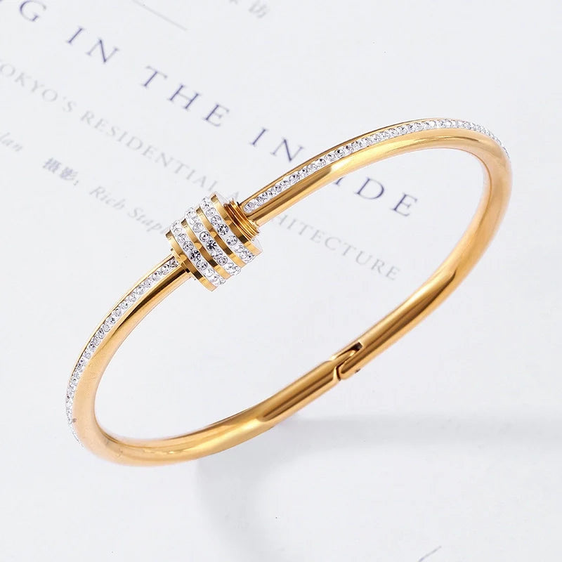 Simple Style Geometric Titanium Steel Plating Inlay Zircon 18k Gold Plated Bangle