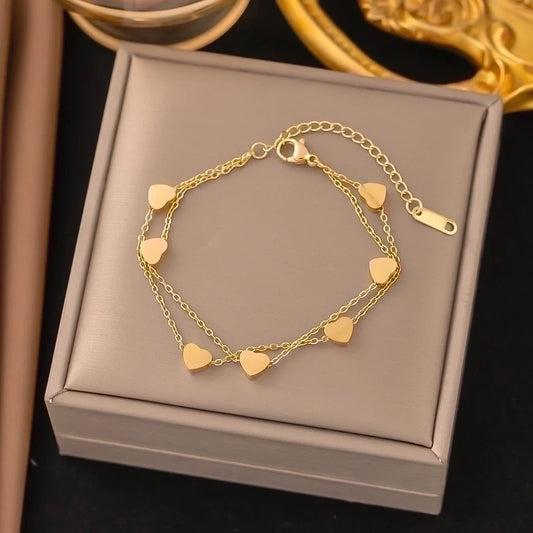 Streetwear Heart Shape Grain Titanium Steel Plating Inlay Shell Bracelets [Sle39] Double Layers Loving Heart Gold